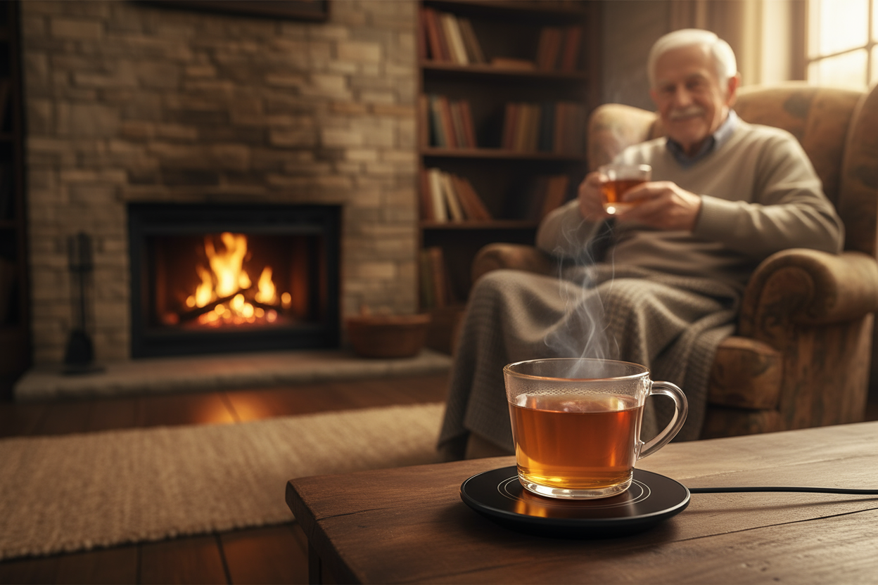 Der Opa soll auch eine durchsichtige Tasse mit Tee halten