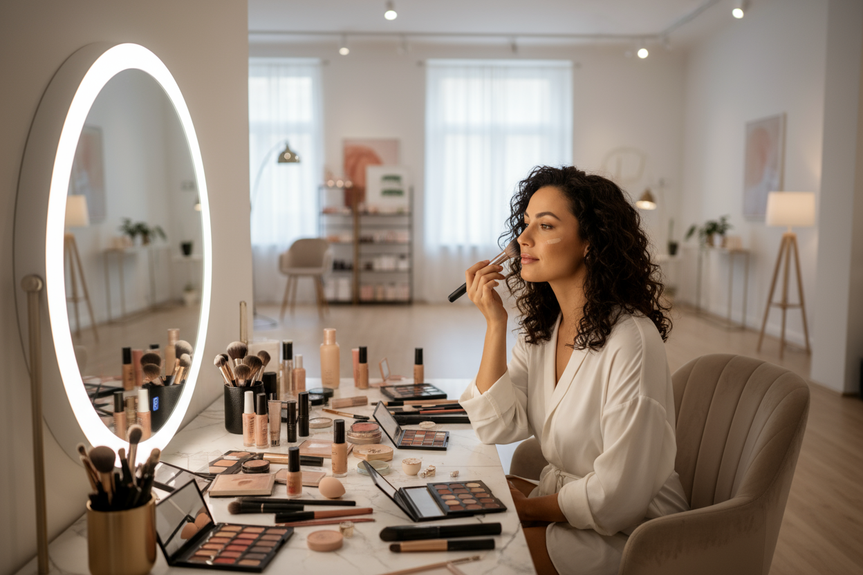 Eine Frau Die sich im Make-up Studio schminkt