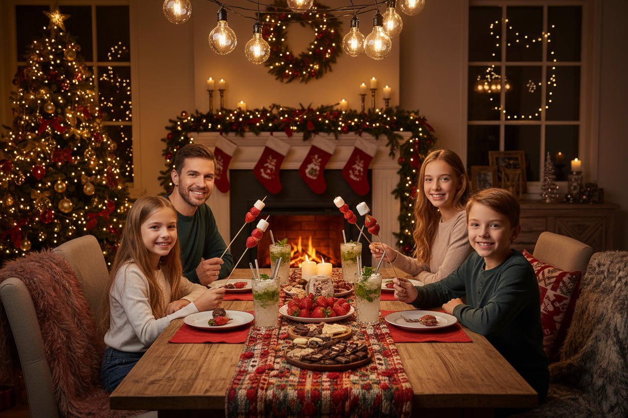 Gezeigt, einfach eine glückliche Familie am Tisch am Abend Weihnachten die Stäbchen halten mit Marshmellows und Erdbeeren, frisch getrunken Schokolade
