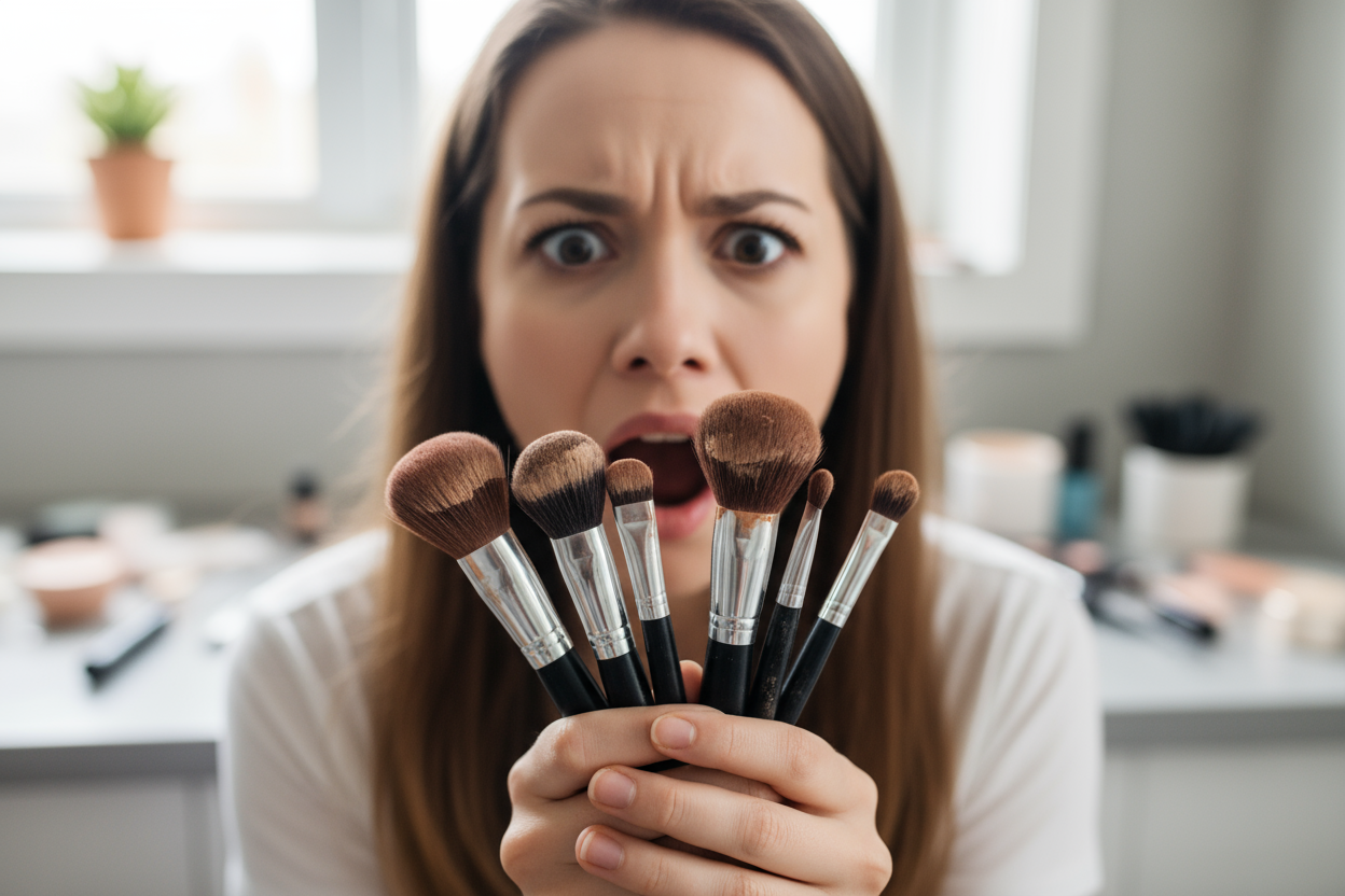 Ich brauche eine Frau, die schockiert ist, weil ihre Make-up pinseln dreckig sind