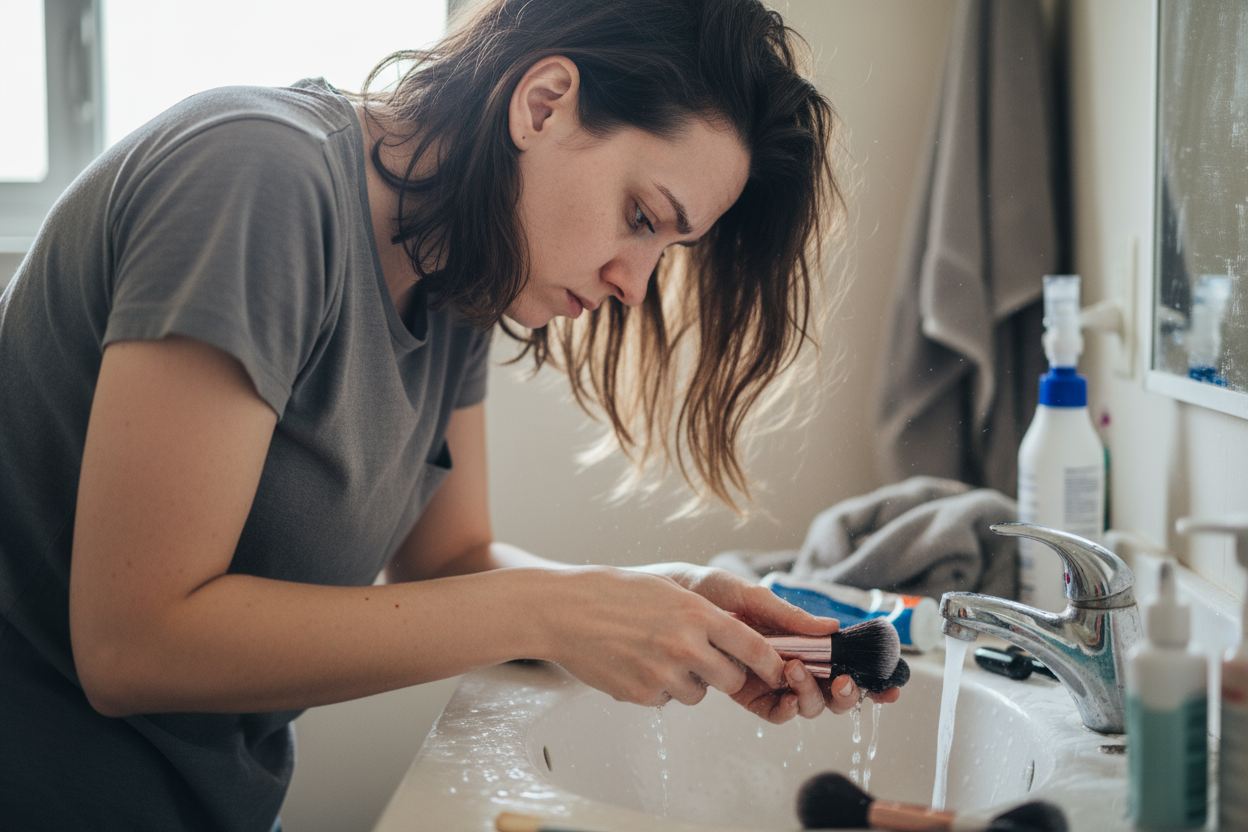 Jetzt brauche ich eine Frau in einem Bild, die ihre Make-up Pinsel im Waschbecken putzt und keine Lust mehr hat